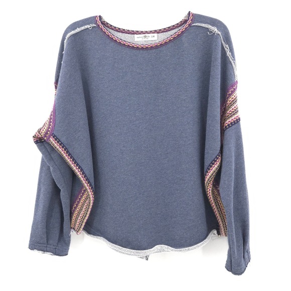 NATURAL LIFE Tops - Natural Life Knit Trim Sweatshirt Women S/M Blue Boho Raw Edge Top Cozy